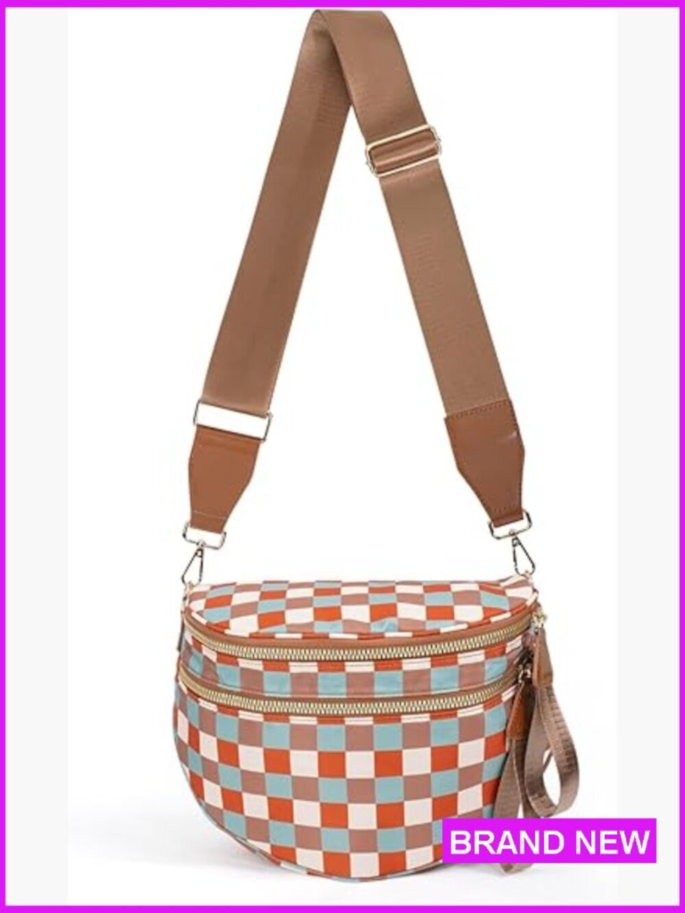Checkered Crossbody Bag Nylon Fanny Pack Spacious Handbag with Adjustable Strap